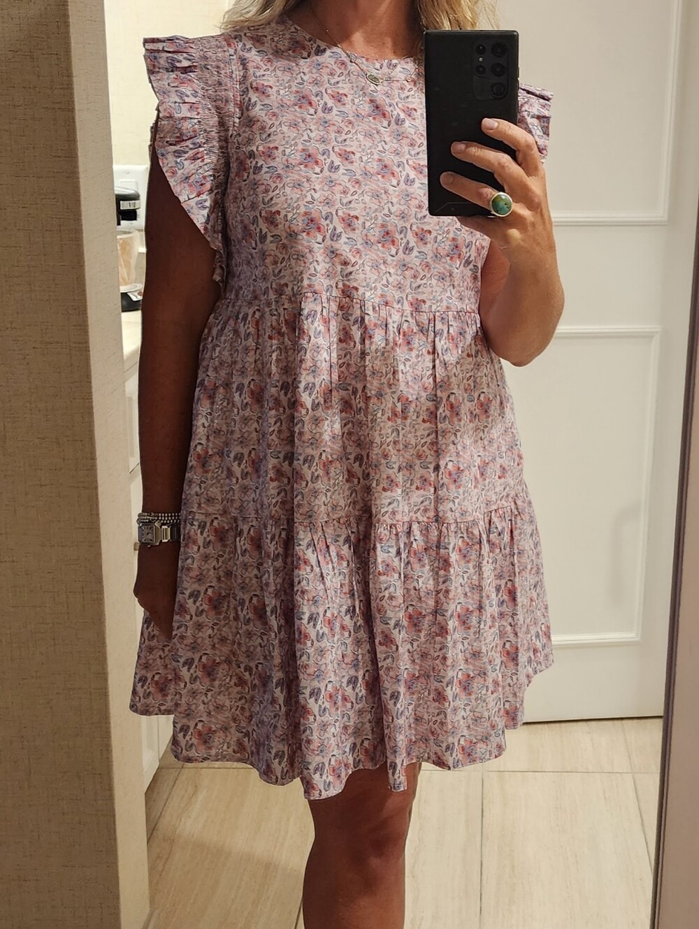 English Factory Pink Floral Ruffle-Sleeve Tiered Dress